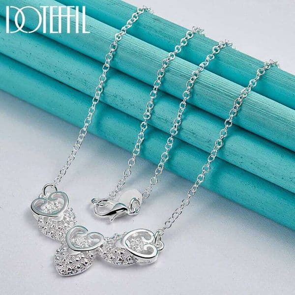 DOTEFFIL 925 Sterling Silver Three Heart Pendant Necklace Chain For Women Fashion Wedding Party Charm Jewelry
