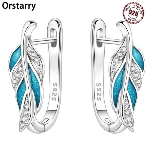 Orstarry 925 Sterling Blue Feather Lucky Symbol Silver Hoop Earrings For Women Jewelry Original Party Gifts