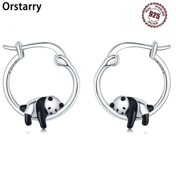 Orstarry 100% 925 Sterling Cute Panda Animals Silver Hoop Earrings For Women Jewelry Original Party Trendy Gifts