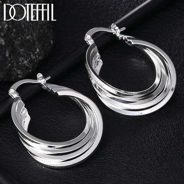 DOTEFFIL 925 Sterling Silver Four Coils Circle Hoop Earring For Woman Fashion Wedding Engagement Party Jewelry
