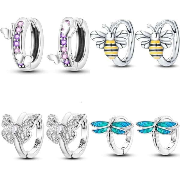 925 Sterling Silver Bees Butterflies Insects Series Zircon Circle Hoop Earrings Women Earring Jewelry Gift Accessories