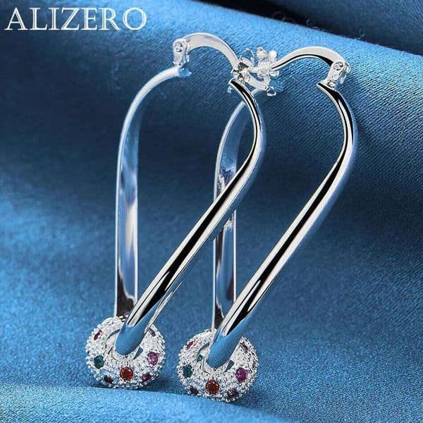 ALIZERO 925 Sterling Silver Inlay Multicolor Zirconia Hoop Earrings Women Jewelry For Fashion Party and Daily Wear