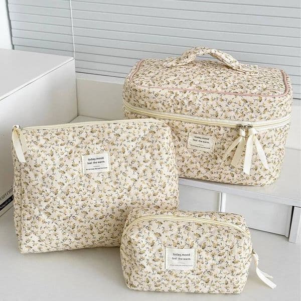 Vintage Women Floral Print Cosmetic Pouch Handbag Travel Orgainzer Make Up Storage Large Capacity Quilted Bag For Gift
