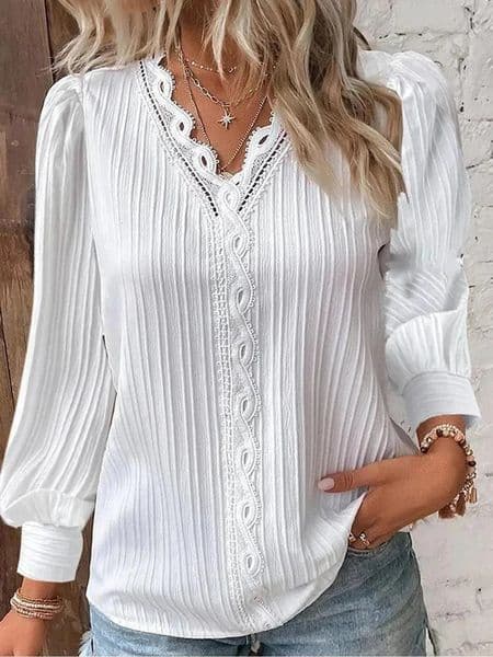 Womens Lace Stitching Shirt Loose Vneck Long Sleeve Pullover Chiffon Fall Top Simple Elegant Street Blouse 260107