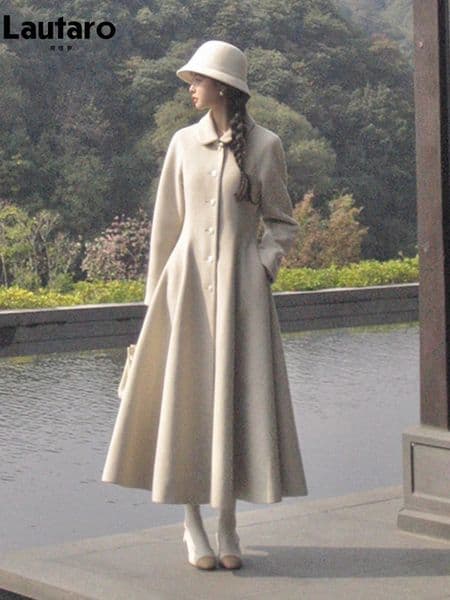 Lautaro Winter Long Wool blends Coat for Women Chic Elegant High Quality Womans Clothing Skirted Woolen Overcoat 260104