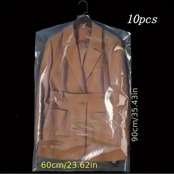 10-piece Set of Transparent Dustproof Clothing Wardrobe Storage Hanging Plastic Garment Bags, Dry Cleaning Travel and Laundry Shop E 26N0107