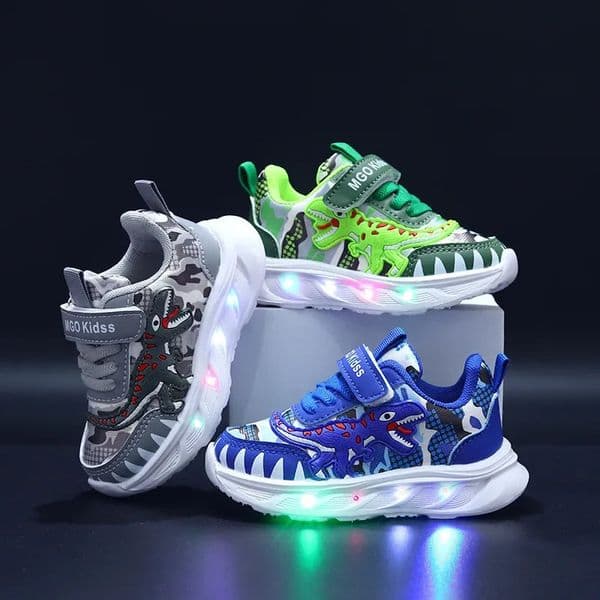 Spring Childrens Sports Shoes Cartoon Dinosaur Childrens LED Light Shoes Soft Sole Boys Causal Sneakers 2-6 Years Old 260106