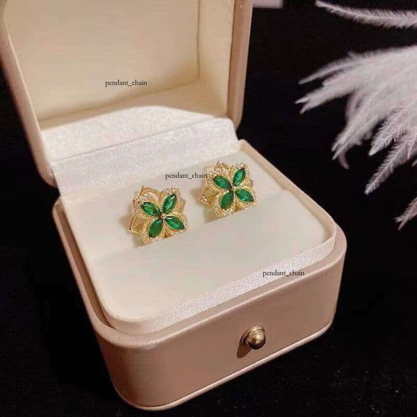 VVS Moissanite Four-Leaf Light Luxury High-Quality Rotating Green Flower 925 Earrings Jewelry