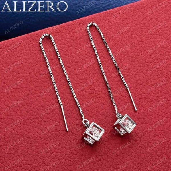 ALIZERO New 925 Sterling Silver Square Window Zircon Box Chain Long Tassel Drop Earrings For Women Trend Creative Party Jewelry