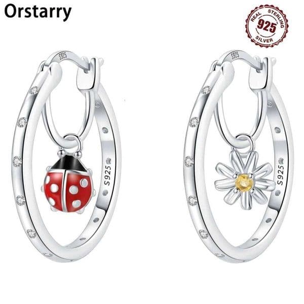 Orstarry 925 Sterling Beetle Daisy Insect Flower Silver Hoop Earrings For Women Jewelry Original Party Gifts thumbnail 2