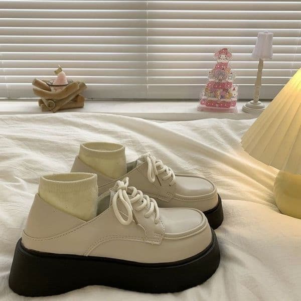 Ddmytiger White Leather For Women Spring Summer British College Style Lace Up Thick Sole Single Round Toe Japanese JK Uniform Shoes Outdoor Shoes