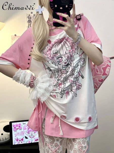 Bestseller Original Y2k Rivet Personalized Subculture Strap Top Japanese New 2025 Summer Sweet Cool Girl Oversize Short-sleeved T-shirt ddmytues