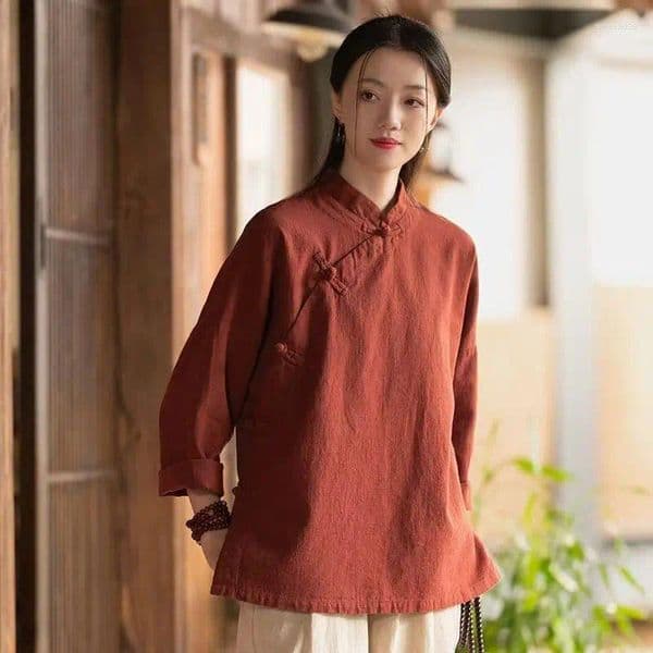 Ethnic Clothing Retro Cotton Linen Women's Irt Stand Collar Button Up High End Chinese Sle Zen Service Side Spring Arrival
