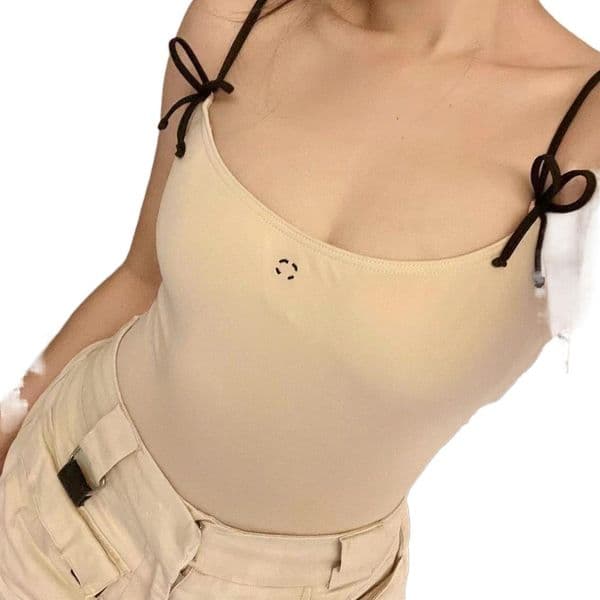 Designer women cute bow patched embroidery sexy slim waist spaghetti strap tanks vest SML Z260515
