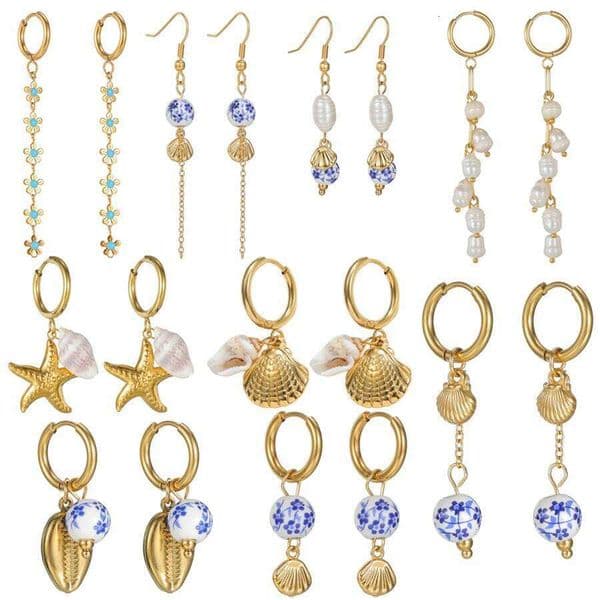Freeteeme Trendy Ceramic Shell Women Dangle Gold Color Flower Starfish Charms Ocean Series Tassel Earrings Daily Gifts