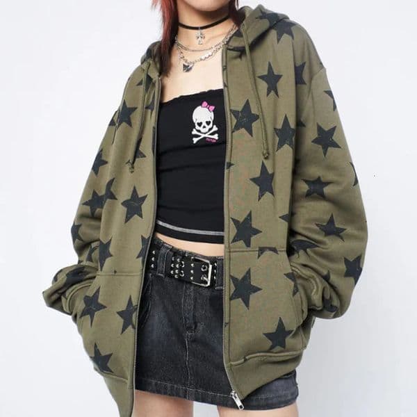 Y2k Clothes Vintage Star Oversized Sweatshirt Jacket Harajuku Goth Long Sleeve Women 2000s Hip Hop Zip Up Hoodies Top 251231