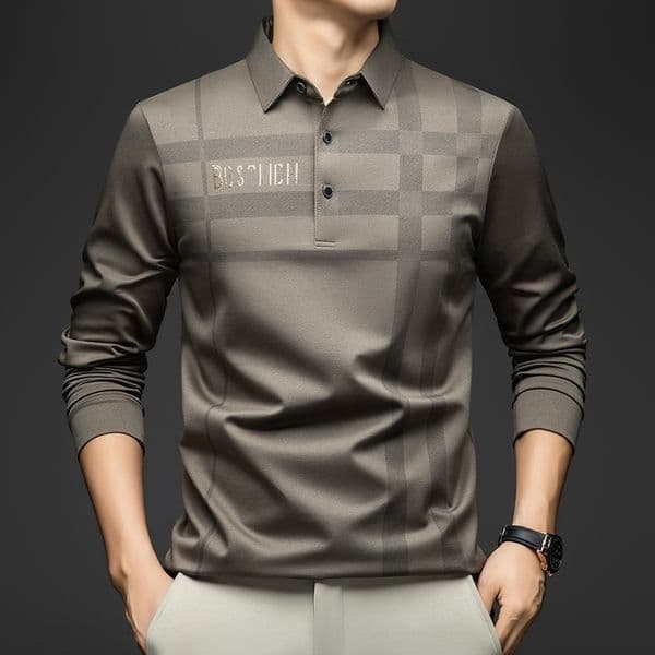 BROWON 2025 Spring Autumn Casual Golf Shirt Polo Man Plaid Pattern Soft Comfortable Long Sleeve Business Office Men 260107BANJIA