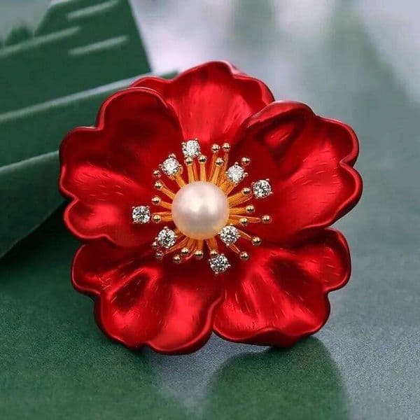 Fashion Red Peony Metal Brooch For Women Exquisite Imitation Pearl Flower Lapel Pin Female Party Wedding Office Coat Hat Jewelry