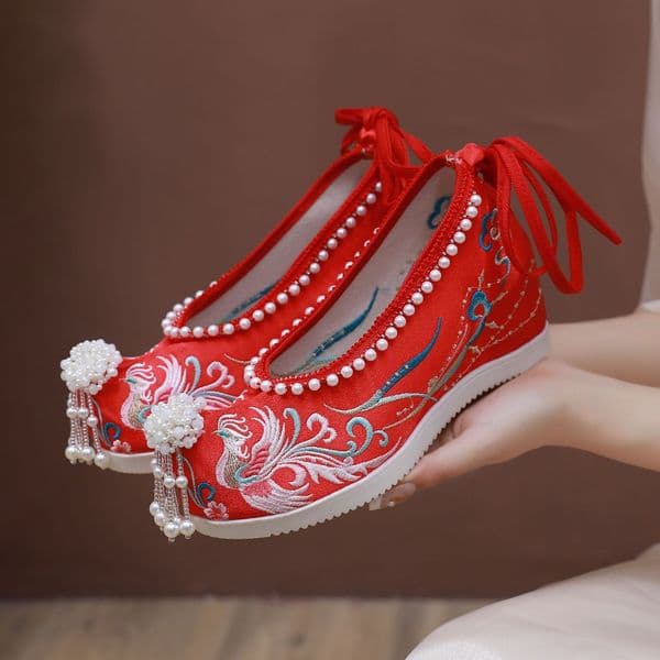 Ddmytiger Fengming Chinese Wedding Style Embroidered Toast Xiuhe Dress Bride Ancient Costume High Heel Bow Shoes Outdoor Shoes