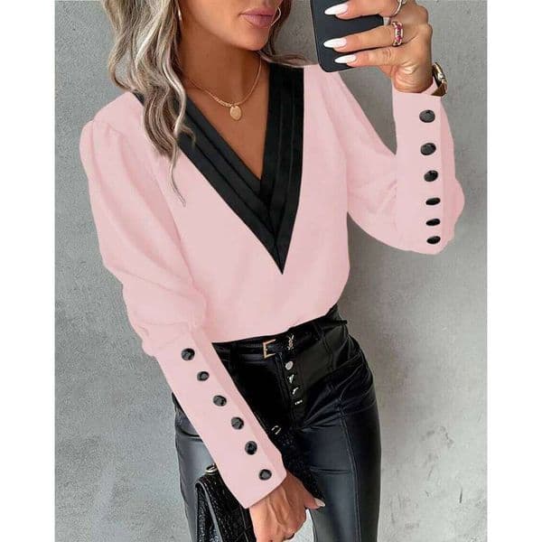 Designer Clothes Office Ladies V Neck Button Shirt Blouse Spring Autumn Fashion Color Matching Long Sleeve Shirts For Women White Tops Femme Hot Selling WONST