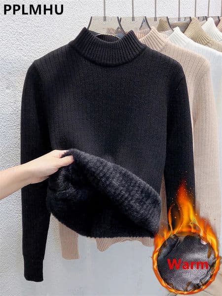 Sweater For Women Casual Thick Warm Knit Plush Velvet Lined Pullover Tops Fall Winter Soft Knitwear Jumper Slim Poleras 260107