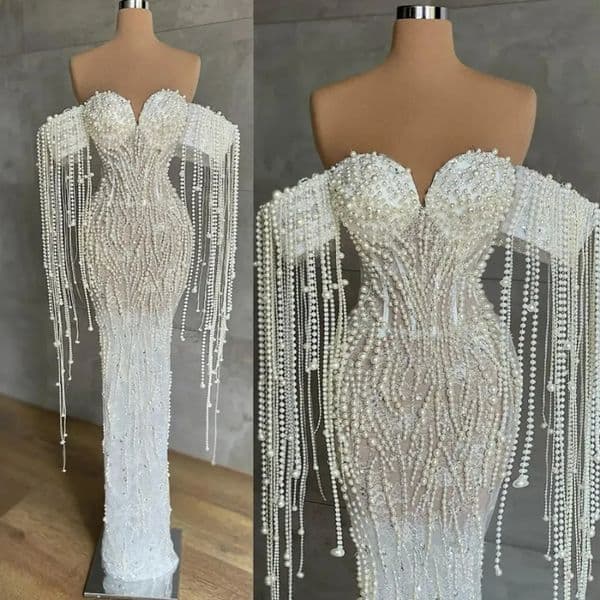 Stunning Pearls Beaded Lace Trumpet Wedding Dresses Dubai Arabic Off Shoulder Plus Size Bridal Gowns Fitted Floor Length Wedding Reception Dress Customized