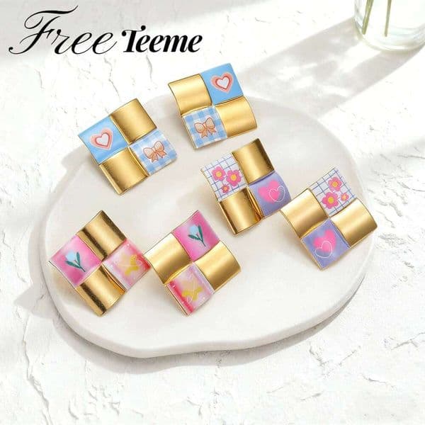 Freeteeme Lovely Pastoral Style Square Stud Earrings for Girl Women Stainless Steel Colorful Print Heart Flower Jewelry Gifts