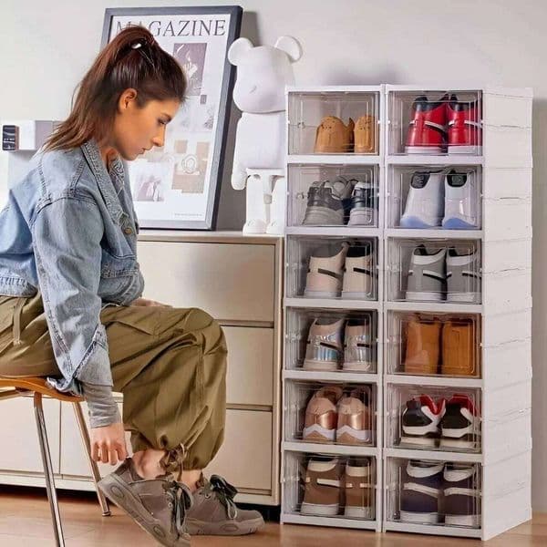 6 Layers Foldable Transparent Shoe Box Stackable Sneaker Storage Organizer with Dustproof Design Fits High-Top Cabinet and Shelf 26T0108