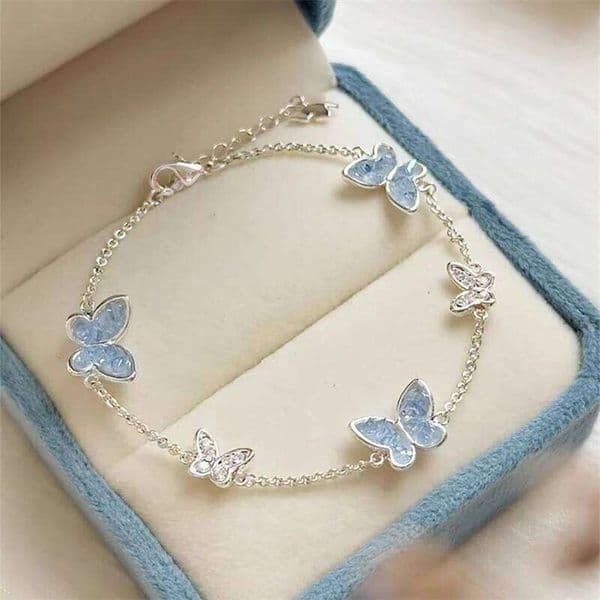 Light Luxury Shiny Zircon Bracelet For Women Blue Rhinestone Double Butterfly Necklace Earring Set Girls Party Jewelry