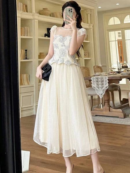 Bestseller Women Fake 2-Piece Evening Vestidos Floral Sexy Sheer Mesh Slim Midi A-Line Dress Robe Elegant Ladies Party Prom Gown Birthday Ddmytues