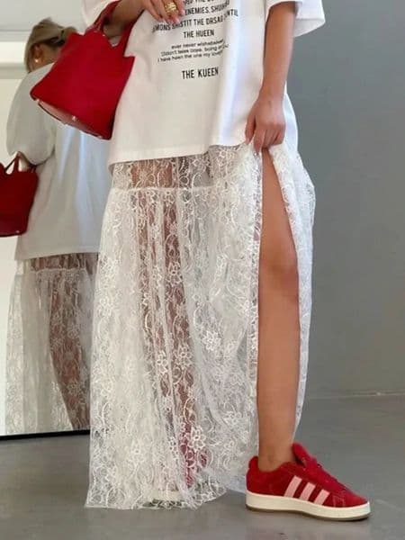 Lace Jacquard Transperant Skirt Women Summer High Waist Sexy Casual Long Skirts Streetwear Fashion White Maxi 260109