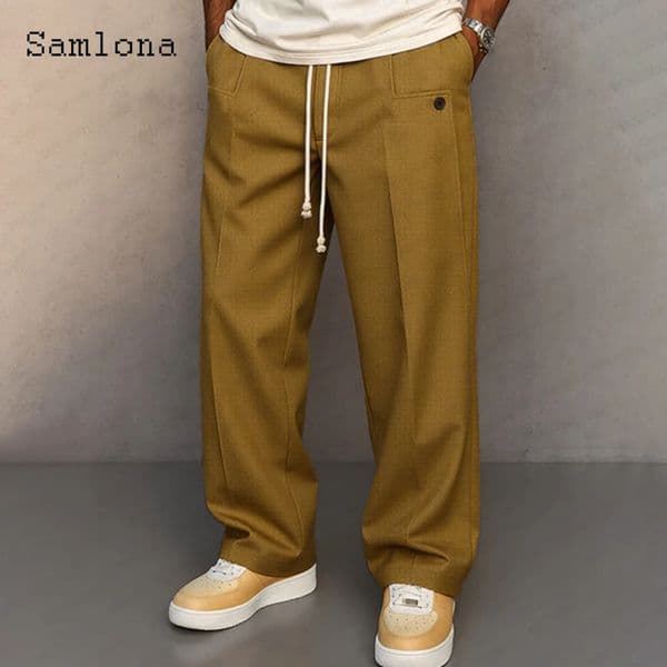 Mens Stand Pocket Casual Straight Pants Plus SIze 3xl Baggy Drawstring Trouser Male AnkleLength Bottoms Khaki Yellow 251213