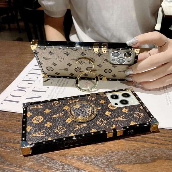 iPhone Case, Square Leather Texture with Gold Metal Frame & Ring Stand, Compatible with iPhone 17 Pro Max/16/15/14 Plus & Samsung S25 Ultra