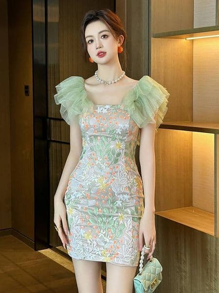 Bestseller Summer Fashion Mesh Flower Embroidery Gown Evening Dress Women Clothes Short Sweet Sexy Off-Shoulder Skinny Party Prom Vestidos Ddmytues