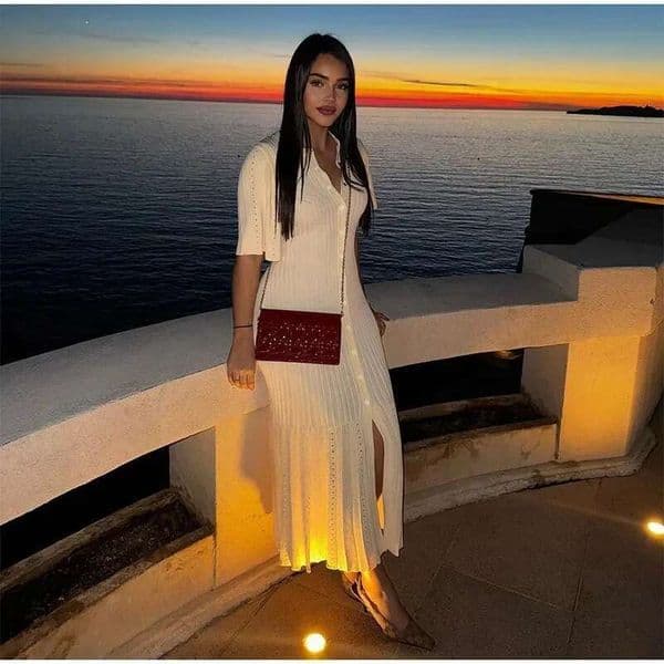 High Waist Knitted Short Sleeve Dress Women's Fashion Long Dress Cross-Border V Neck Full Length Skirt Regular Fit Women S Luxury Clothing