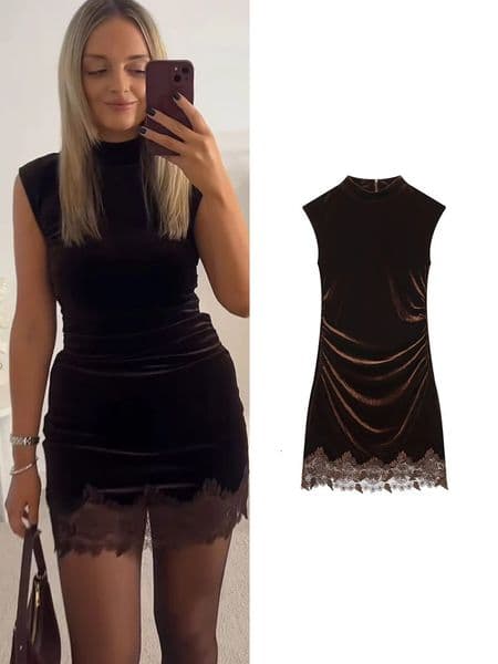 TFMLN Womens Mini Dress Autumn Sleeveless Velvet Lace Trim Short Elegant Half High Collar Fashionable Slim 260109
