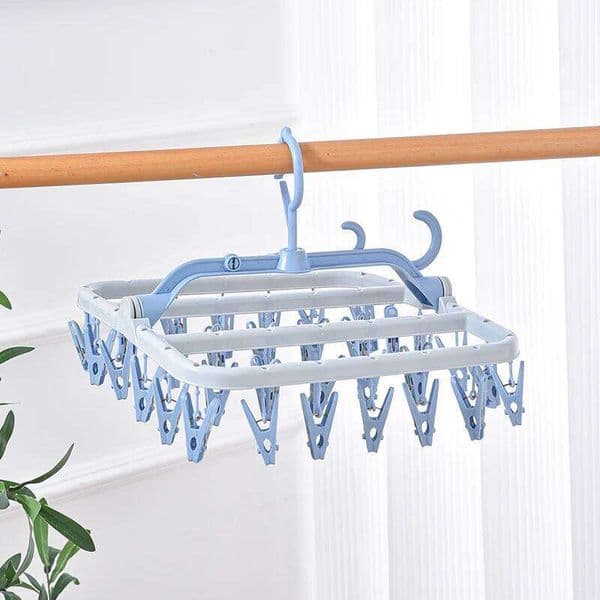 32 clips, foldable side clothes windproof drip rack, plastic hanging drying rack for clothes, underwear, socks 26T0109