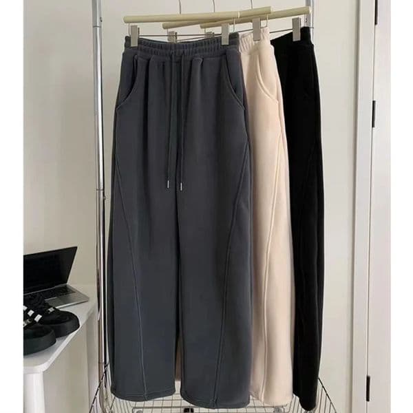 Polar Fleece Pants Women High Waist Baggy Wide Leg Sweatpants Thickening Straight Drawstring Warm Stitching Trousers 260109BJ