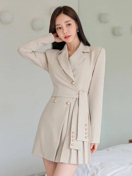 Bestseller Fashion Spring Autumn Formal Blazer Short Dress Ladies Women Commute Chic Solid Long Sleeve Pleated Mujer Vestido Street Clothes Ddmytues