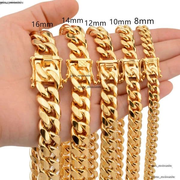 8mm/10mm/12mm/14mm/16mm Miami IGI Cuban Link Stainless Steel Mens 14K Gold Chains High Polished Punk Curb Necklaces 2c