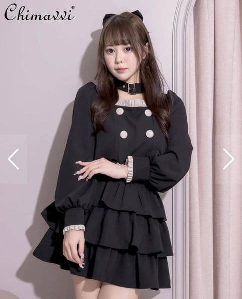 Bestseller Japanese Sweet Heart Bubble Dress Spring Autumn New Women's Neck Ring Long Sleeve Top Skirt Cute Ladies Two-Piece Set ddmytues