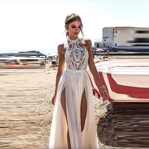 Summer Beach Wedding Dresses Boho Bride Gowns Sexy High Side Slit Halter Lace Top Chiffon Skirt Long Backless Bridal Dress