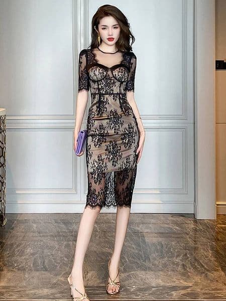 Bestseller New Fashion Summer Evening Dress For Women Elegant Lace Sheer Sexy O-Neck Slim Midi Party Prom Robe Femme Mujer Stretchy Vestido ddmytues