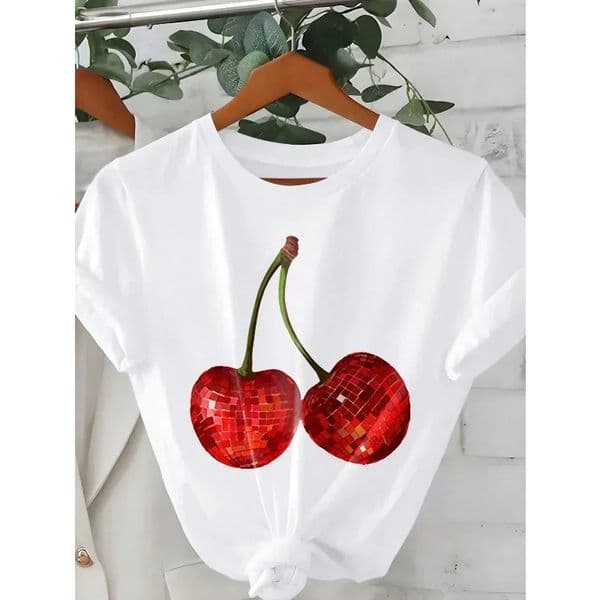 Womens Casual Cherry Fun Printed Short Sleeved Tshirt Loose Top Fashionable and Trendy Round Neck Cotton 260109