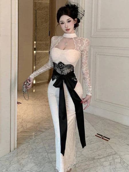 Bestseller Fashion Women Lace Evening Gown Sheer Cutout Sexy Sleeve Bow Belt Bodycon Maxi Long Dress Cocktail Party Prom Robe Vestidos ddmytues