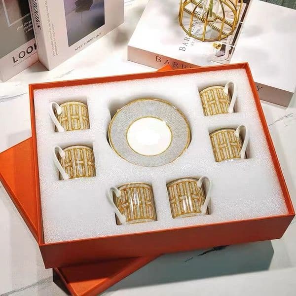 12Pcs Bone China Coffee Tea Cup Set with Saucer Striped Dot Design Ceramic Espresso Mug for Home Office Gift Box