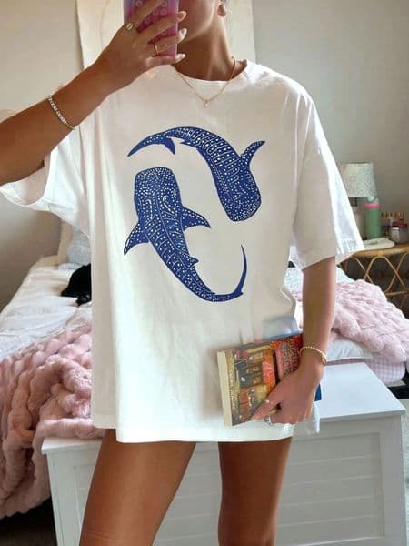 Blue Whale SharkSimple Printing TShirts Women Summer Cotton Tops Comfortable ONeck Oversized T Shirt Casual Womans Clothes 260109