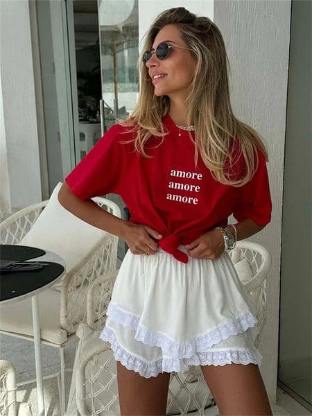 Red TShirt with Amore Print Womens Simple n Summer Fashion Tee Boutique Drop Sleeve 260109BJ