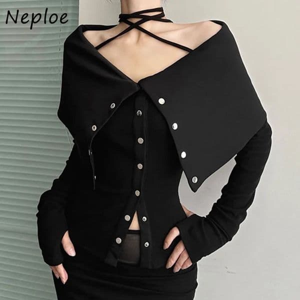 Neploe Y2k Large Lapel Off Shoulder T-shirts Spring Slim Fit Black Tops Women Single Breasted Long Sleeve Tee Shirt 260109BJ