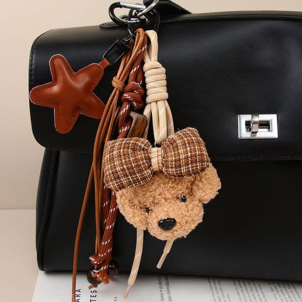 Fashionable and versatile Instagram style cute brown bow plush dog pendant hand woven rope pentagonal star keychain bag decoration L260609U9O0